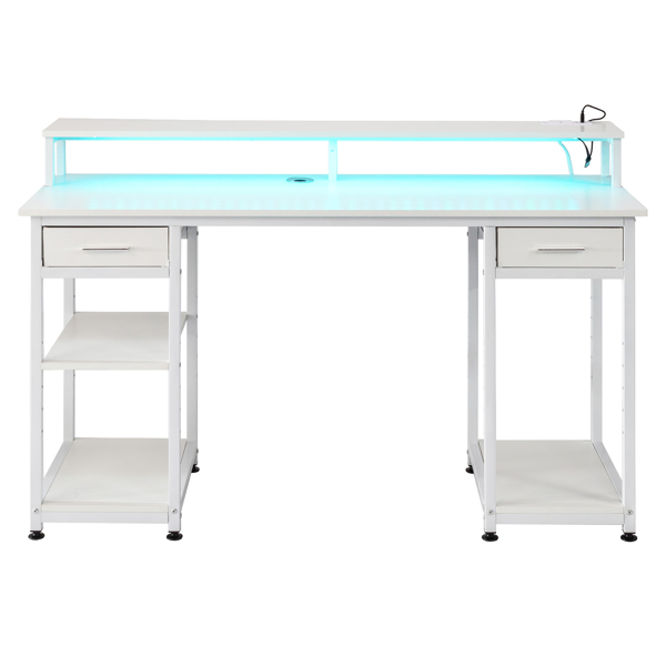 White wood grain particle board with non-woven fabric drawer 140*50*86cm multi-layer shelf computer desk with 2 USB power sockets and 2 power interface