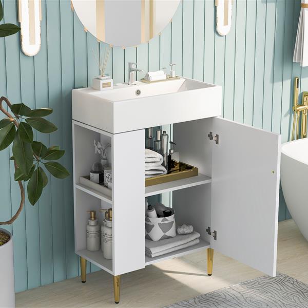 21.6" white Bathroom vanity, Combo Cabinet, Bathroom Storage Cabinet, Single Ceramic Sink, Left side storage