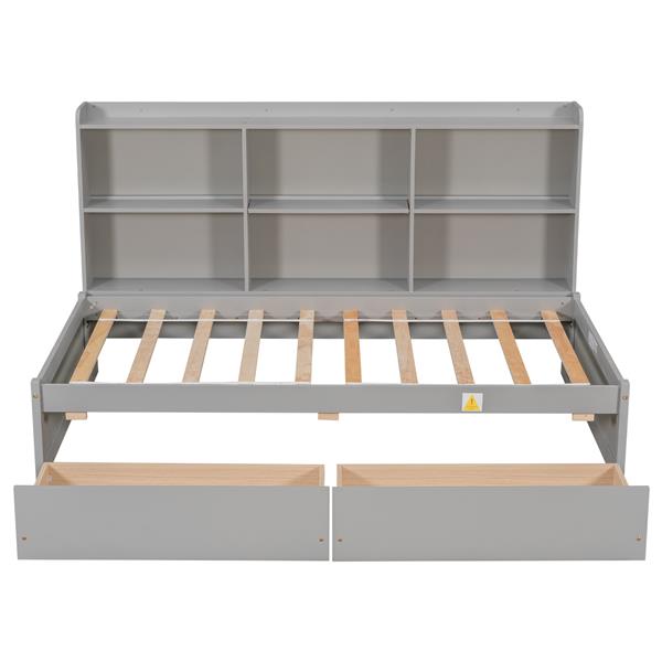 Twin Bed with Side Bookcase, Drawers ,Grey