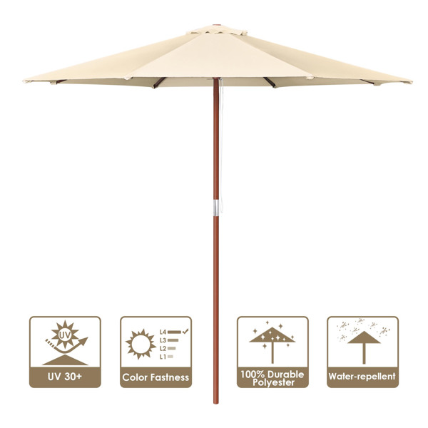  Stylish Wooden Umbrella 9 ft Patio Umbrella features wooden ribs and pole - Aluminum Frame Market Umbrella For Backyard, Deck, Garden, Pool -- ivory（No shipments on weekends）