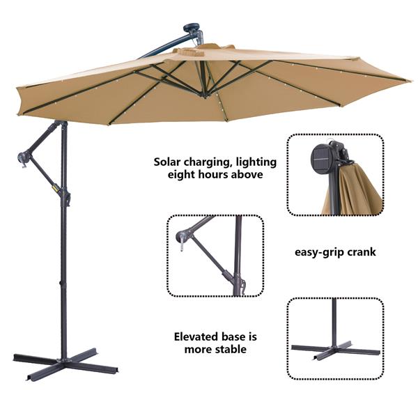 10 FT Solar LED Patio Outdoor Umbrella Hanging Cantilever Umbrella Offset Umbrella Easy Open Adustment with 32 LED Lights -taupe