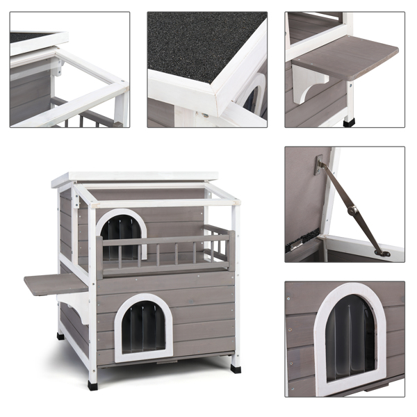  Wooden Cat house 2-Story Indoor Outdoor Luxurious Cat Shelter House with Transparent Canopy, Large Balcony, Openable Weatherproof Roof,Double escape door, Grey&White