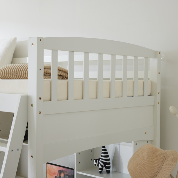 Loft bed with shelf with desk inclined ladder white twin wooden bed pine particle board N101 USA