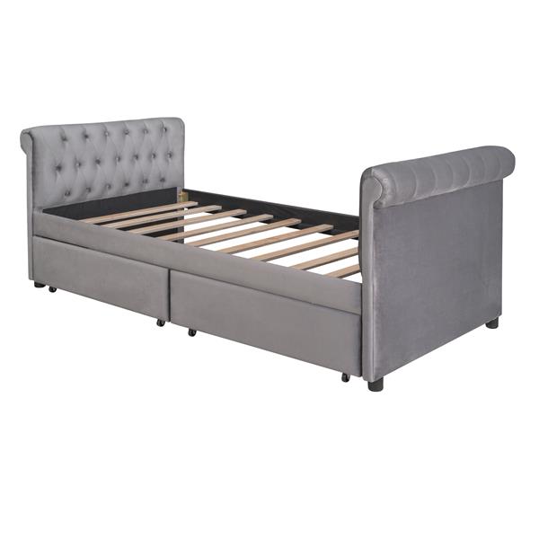 Twin Size Upholstered daybed with Drawers, Wood Slat Support, Gray