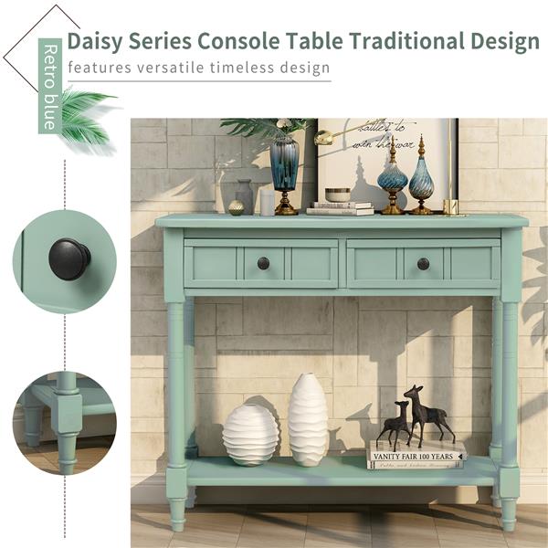 Series Console Table Traditional Design with Two Drawers and Bottom Shelf Acacia Mangium (Retro blue)