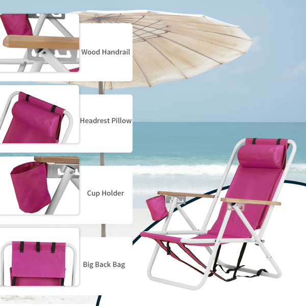 Folding Beach Chair, 4 Position Portable Backpack Foldable Camping Chair with Headrest Cup Holder and Wooden Armrests, Pink