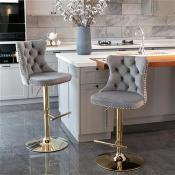 Furniture,Golden Swivel Velvet Barstools Adjusatble Seat Height from 25-33 Inch, Modern Upholstered Bar Stools with Backs Comfortable Tufted for Home Pub and Kitchen Island（Gray,Set of 2）