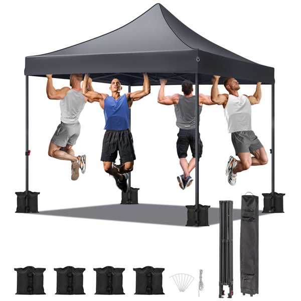 10x10ft Instant Portable Pop Up Canopy Tent  PVC Coated Shelter with Wheeled Carry Case, 4 Sand Bags - Black Top