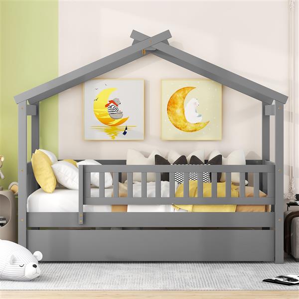 Twin Size Wooden House Bed with Twin Size Trundle, Gray