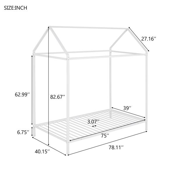 House Bed Frame Twin Size , Kids Bed Frame Metal  Platform Bed  Floor Bed for Kids Boys Girls No Box Spring Needed White