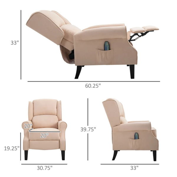 Cream White Recliner Chair. Wingback Single Sofa with Vibration Massage, Heat, Push Back