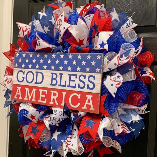 4th of July Independence Day Red White Blue Flower Wreath, Patriotic American Wreath, God Bless America Front Door Wreath , Memorial Day Wreath for Wall Window Party Decor, 1PCS