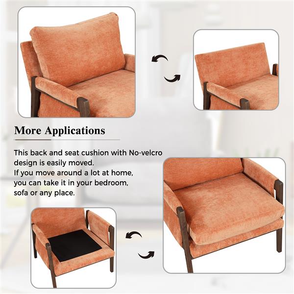 Mid-Century Modern Velvet Leisure Chair with Solid Wood and Thick Seat Cushion for Living Room,Bedroom,Studio,Orange