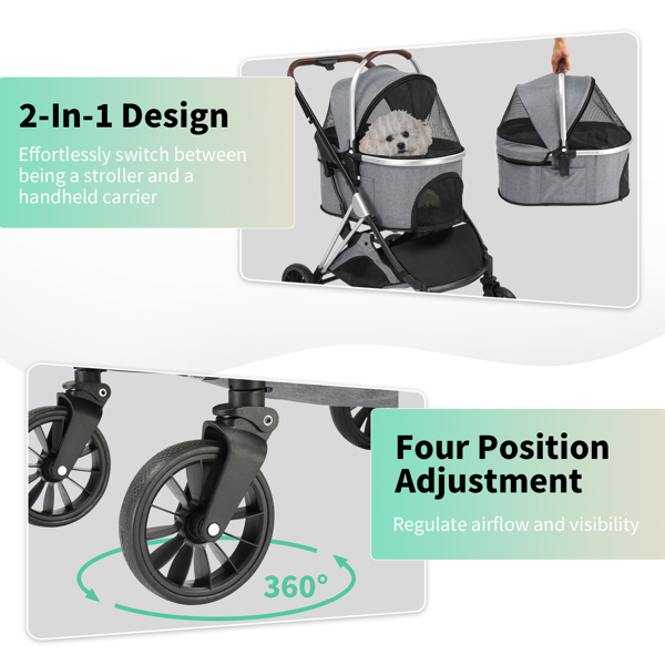 Pet Stroller 3 in 1, Folding Lightweight Dog Stroller with Detachable Carrier & Storage Basket, 4 Wheels Travel Stroller for Puppies Doggies Kitties, Grey