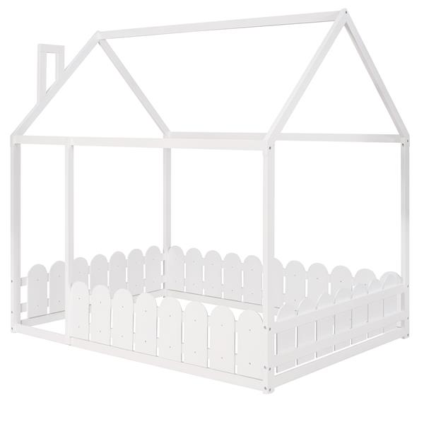 (Slats are not included) Full Size Wood Bed House Bed Frame with Fence,for Kids,Teens,Girls,Boys (White )