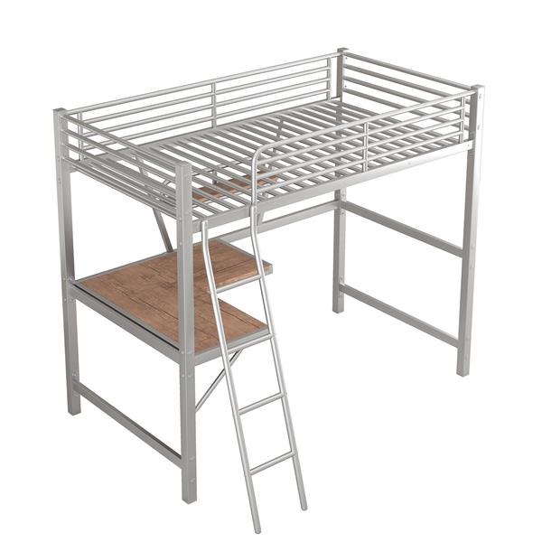 Twin Size Loft Metal&MDF Bed with Desk and Shelf, Silver