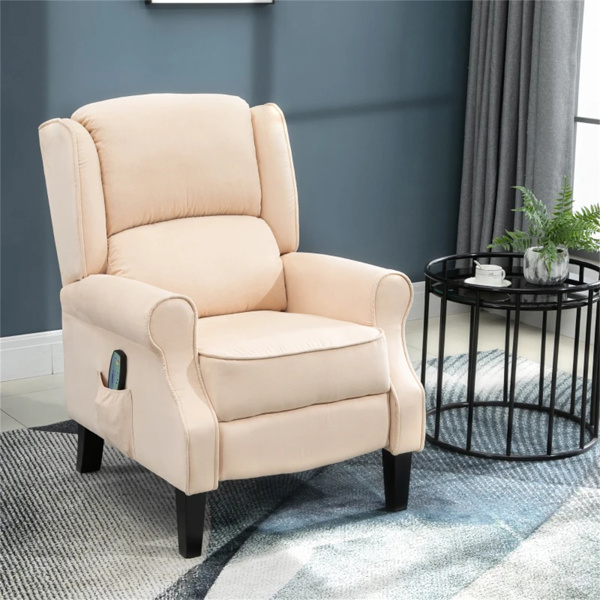 Cream White Recliner Chair. Wingback Single Sofa with Vibration Massage, Heat, Push Back