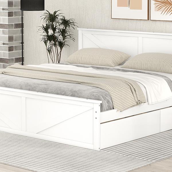 King Size Wooden Platform Bed with Four Storage Drawers and Support Legs, White