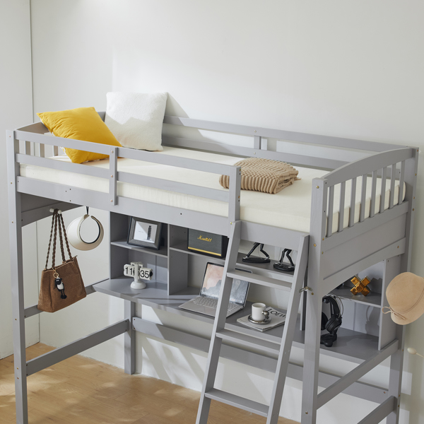 Loft bed with shelf with desk inclined ladder gray twin wooden bed pine particle board