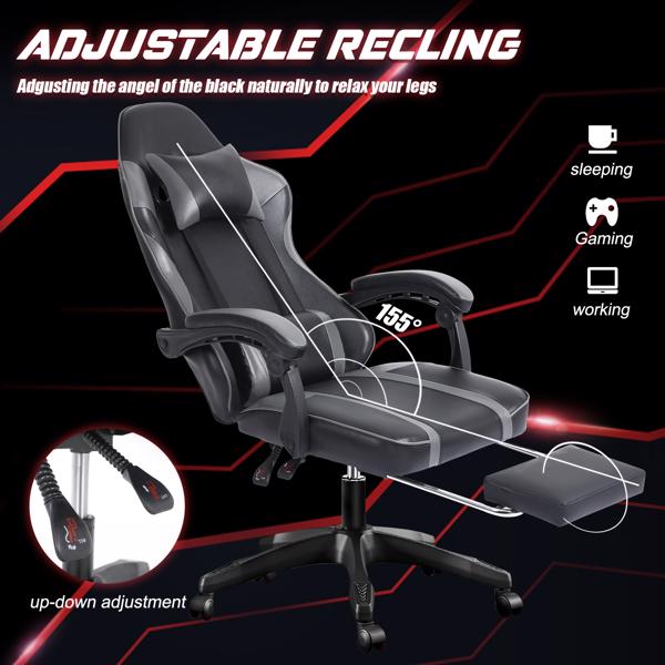 带脚踏板的人体工学游戏椅，适合体重较重人士使用的舒适电脑椅，可调节腰靠背办公椅，带 360° 旋转座椅，成人用 PU 皮革游戏椅，灰色-2