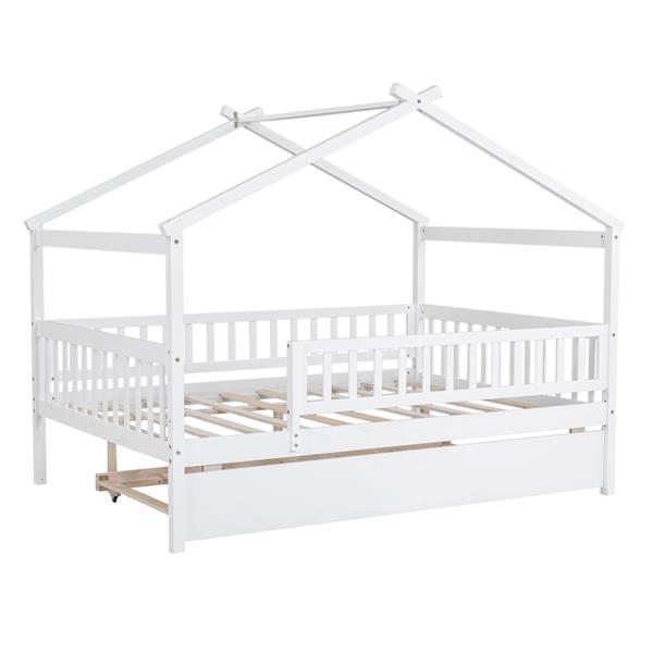 Full Size Wooden House Bed with Twin Size Trundle, White