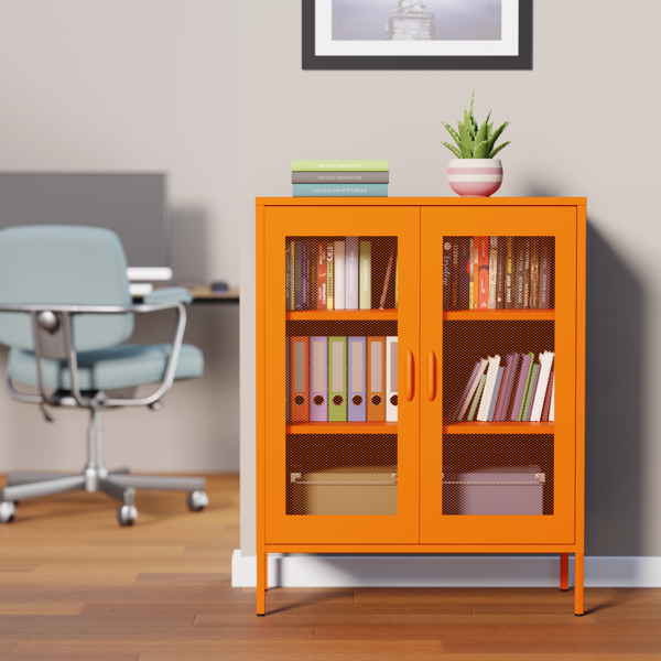  Metal Storage Cabinet with Mesh Doors, Liquor Cabinet with Adjustable Shelves for Kitchen,  Living Room, Home Office, orange