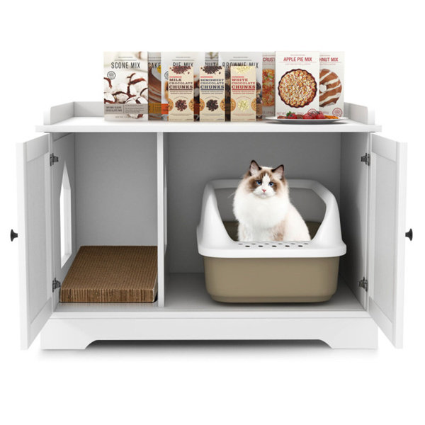 White Wooden Cat House with Scratching Pad and Adjustable Divider, Nightstand, Coffee Table, or Side Table