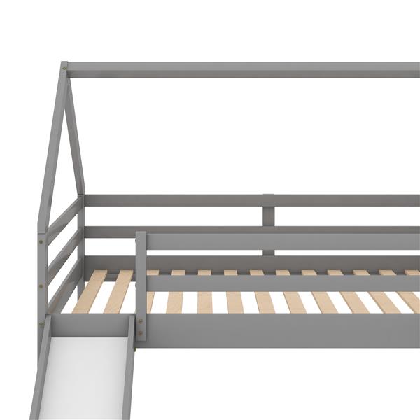 Twin Size Bunk House Bed with Slide and Ladder,Gray