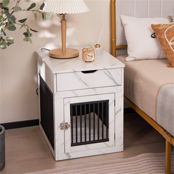 White Dog House with Drawer and Wired Wireless Charging，Side Table，Nightstand，