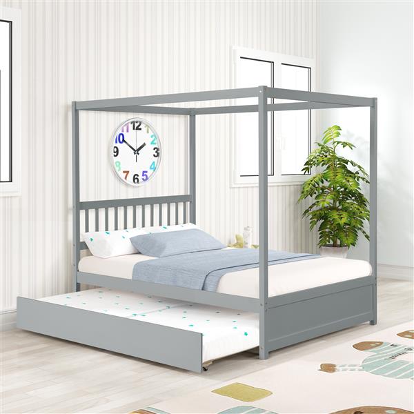 Full Size Canopy Bed with Twin Trundle, Kids Solid Wood Platform Bed Frame w/ Headboard, No Box Spring Needed Grey Color