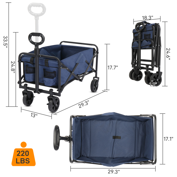 74.5*45.5*84cm 100kg 600d Oxford Cloth Steel Frame Flat Folding Style Blue Cloth Silver Frame Garden Folding Cart