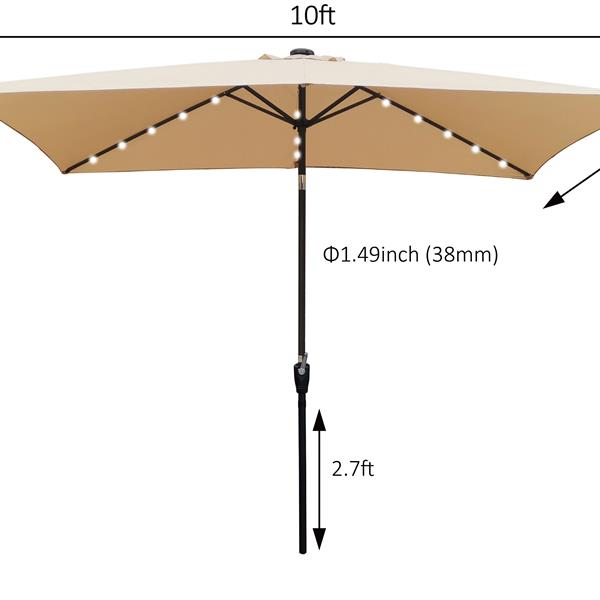 10 x 6.5t Rectangular Patio Solar LED Lighted Outdoor Market Umbrellas  with Crank and Push Button Tilt for Garden Shade Swimming Poo