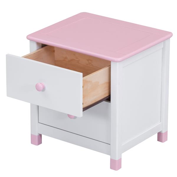 Wooden Nightstand with Two Drawers for Kids,End Table for Bedroom,White+Pink