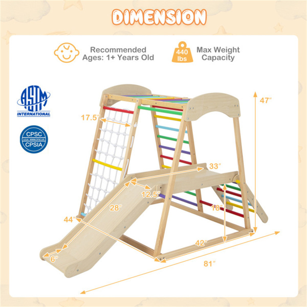 6-in-1 Kids Wooden Playground， Indoor Jungle Gym With slide