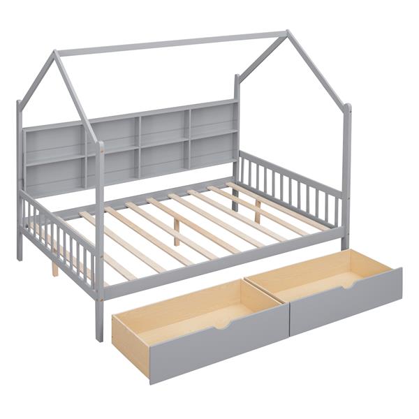 Wooden Full Size House Bed with 2 Drawers,Kids Bed with Storage Shelf, Gray(Expected Arrival Time: 5.15)