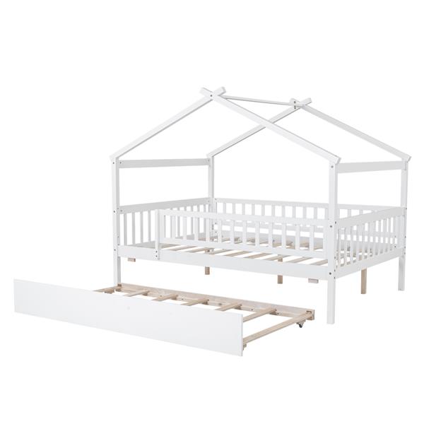 Full Size Wooden House Bed with Twin Size Trundle, White