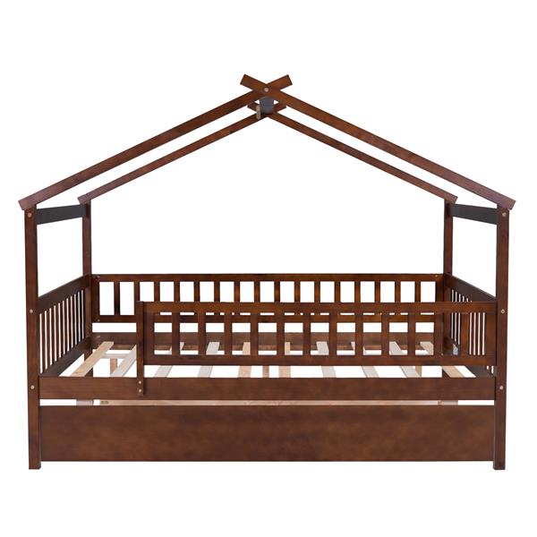 Full Size Wooden House Bed with Twin Size Trundle, Walnut