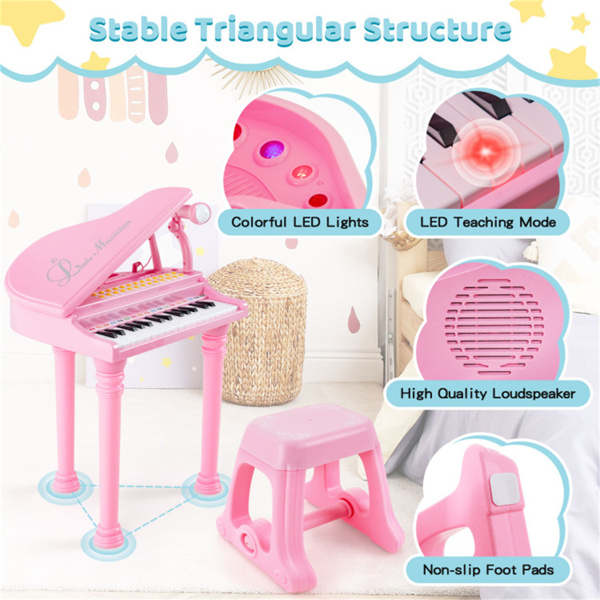 Pink Kids Piano 31 Keys Kids Piano Keyboard with Stool and Piano Lid