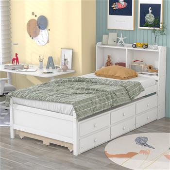 Twin Bed with Bookcase,Twin Trundle,Drawers,White