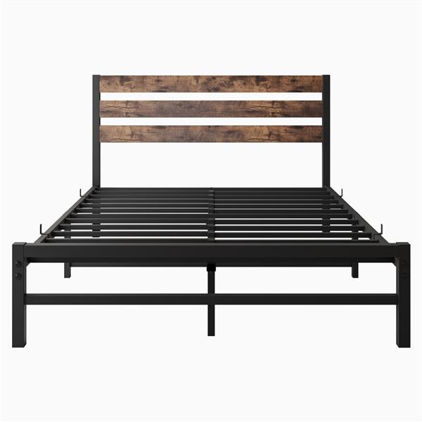 Full Size Platform Bed Frame with Rustic Vintage Wood Headboard, Strong Metal Slats Support Mattress Foundation, No Box Spring Needed Rustic Brown