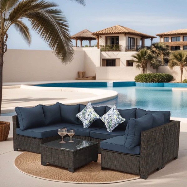 72243541同款 Patio Furniture,7 Pieces Outdoor Wicker Furniture Set Patio Rattan Sectional Conversation Sofa Set with Ottoman and Glass Top Table for Balcony Lawn and Garden (NO TEMU)