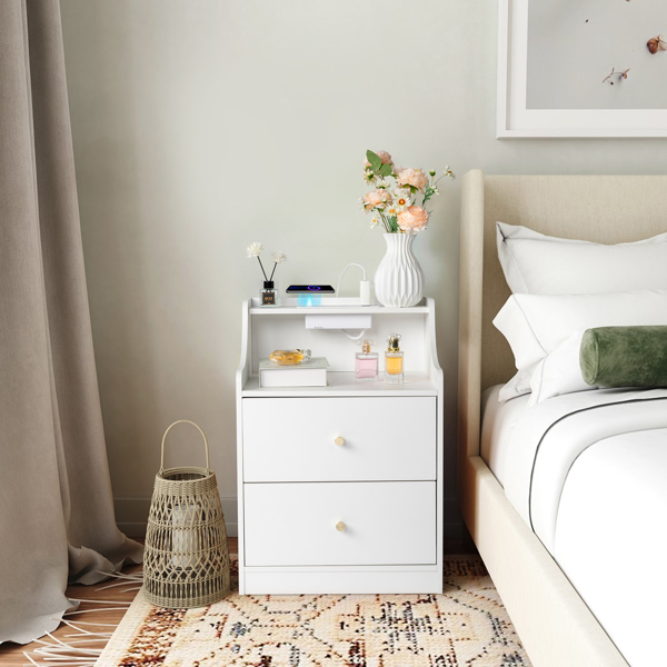 FCH White particleboard with triamine Matt gold tapered handle 45*35*63cm 2 drawers with compartments Bedside table 1 wireless + 2 USB ports + 2 US standard three-pin ports