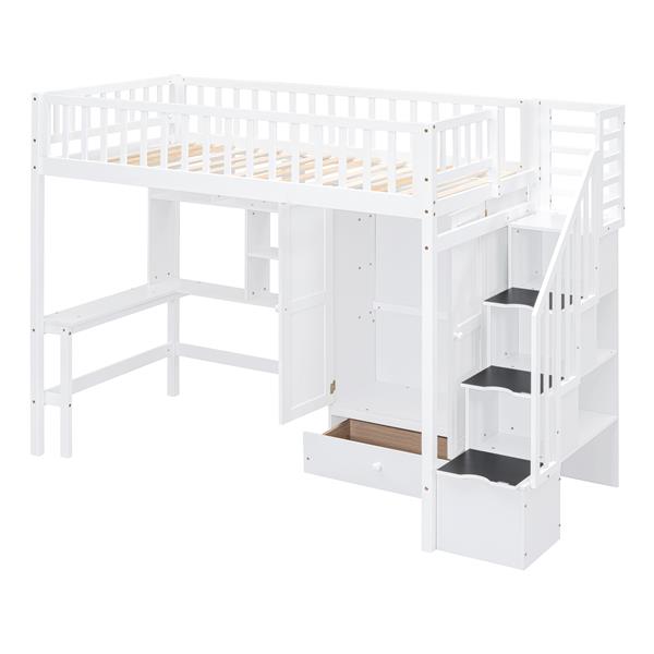 Twin size Loft Bed with Bookshelf,Drawers,Desk,and Wardrobe-White