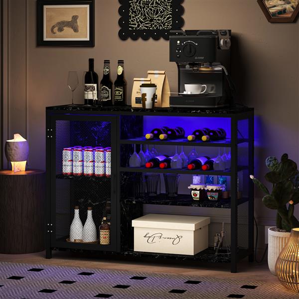 Bar Cabinet,Wine Bar Cabinet,Liquor Storage Credenza,Sideboard with Wine Racks & Stemware Holder,With UAB socket,Metal bracket,Canbeplacedin familybars,hallways,living rooms,Color:black+Marble texture