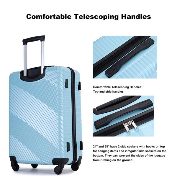 3 Piece Luggage Sets PC+ABS Lightweight Suitcase with Two Hooks, Spinner Wheels, (20/24/28) Aqua Blue