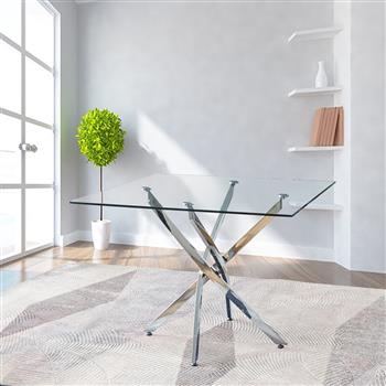 Contemporary Square Clear Dining Tempered Glass Table with Silver Finish Stainless Steel Legs