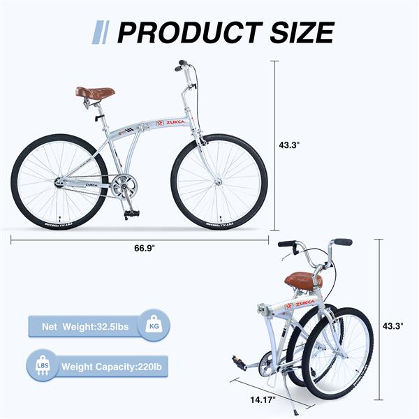 Single Speed Folding Bicycles,  Multiple Colors 26"Inch  Beach Cruiser Bike