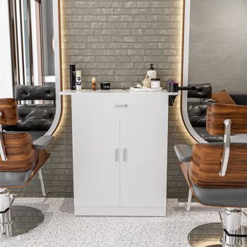 Barber Cabinet Storage Station, Free Standing Beauty Hair Stations for Salon Barber Utility Unit with Holders Styling Salon Spa Equipment with Drawer and Cabinet(White)
