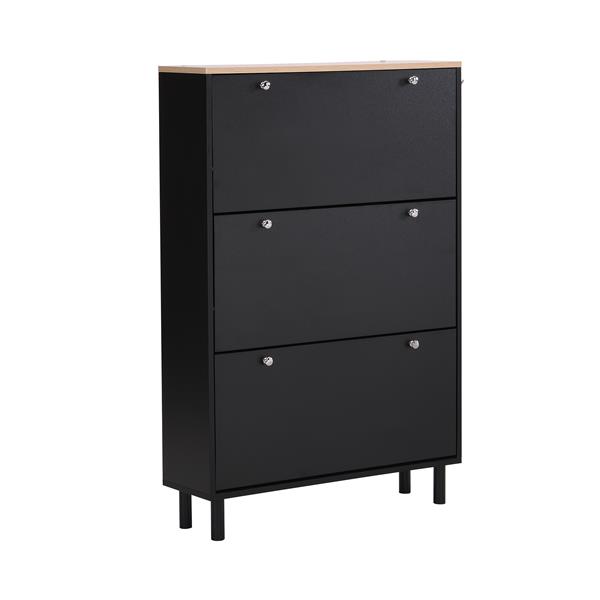 Narrow Design Shoe Cabinet with 3 Flip Drawers, Wood Grain Pattern Top Entryway Organizer with 3 Hooks, Free Standing Shoe Rack with Adjustable Panel for Hallway, Black