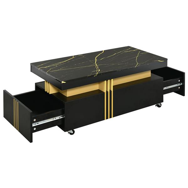 [VIDEO provided] Contemporary Coffee Table with Faux Marble Top, Rectangle Cocktail Table with Caster Wheels, Moderate Luxury Center Table with Gold Metal Bars for Living Room, Black